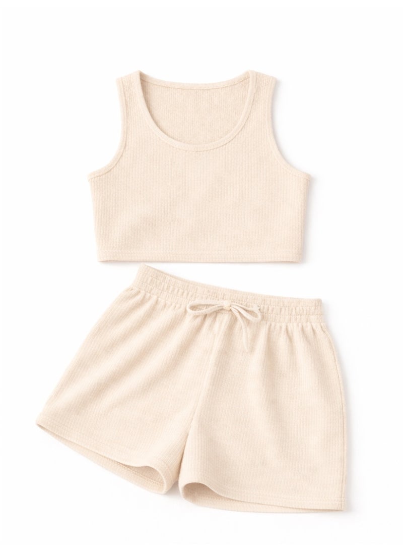 نايلتون طقم ملابس بناتي مكون من توب قصير مضلع وشورت عالي الخصر.  طقم ملابس كاجوال للأطفال - توب قصير وشورت برباط - Image 1